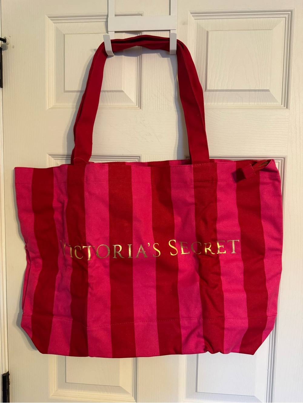 Victoria's Secret Red and Pink Striped Canvas Tote